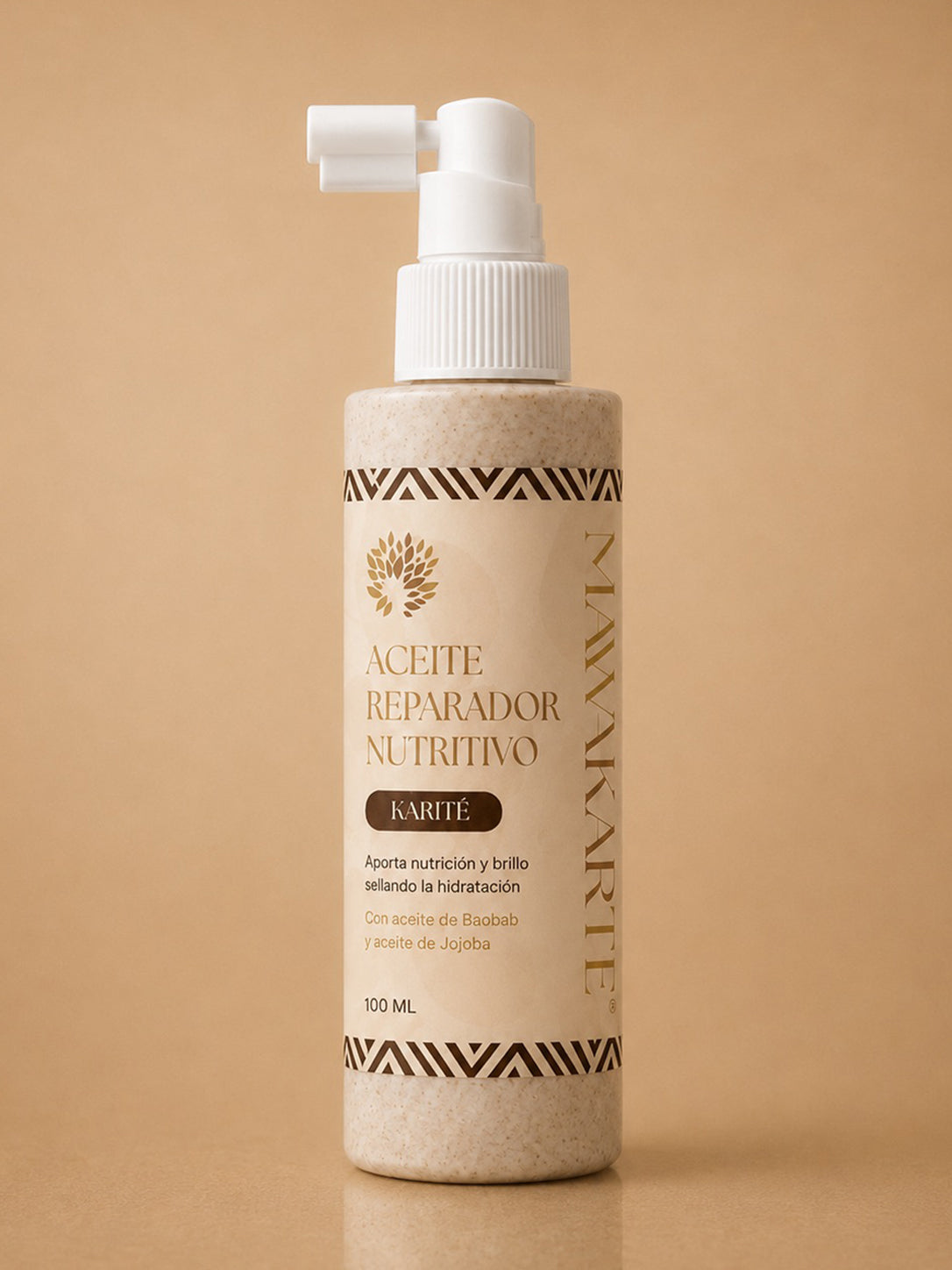 Aceite reparador de Karité y Baobab para sellar puntas, aportar brillo y proteger el cabello seco.
